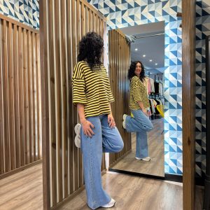 Camiseta de punto oversize RITTA - Verde Aceituna-Rosa Pastel